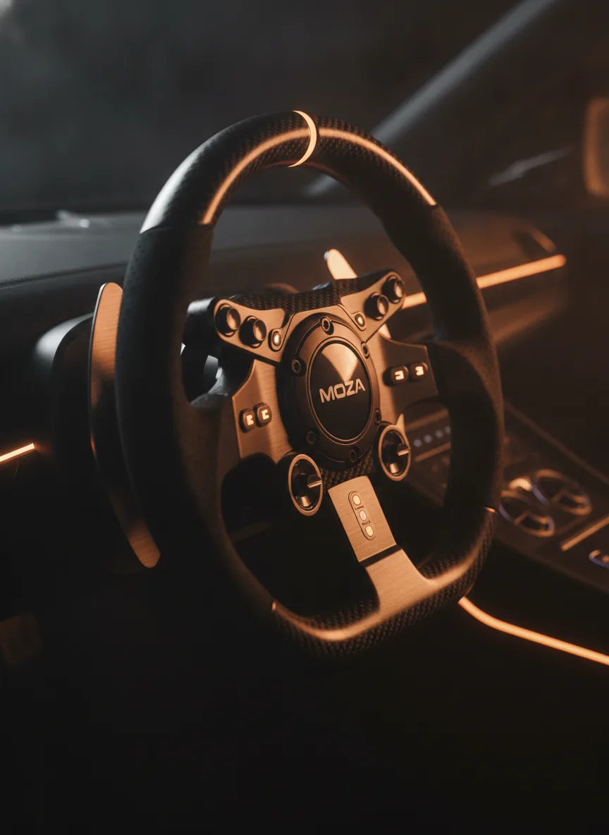 Close-up of the MOZA R5 direct drive steering wheel