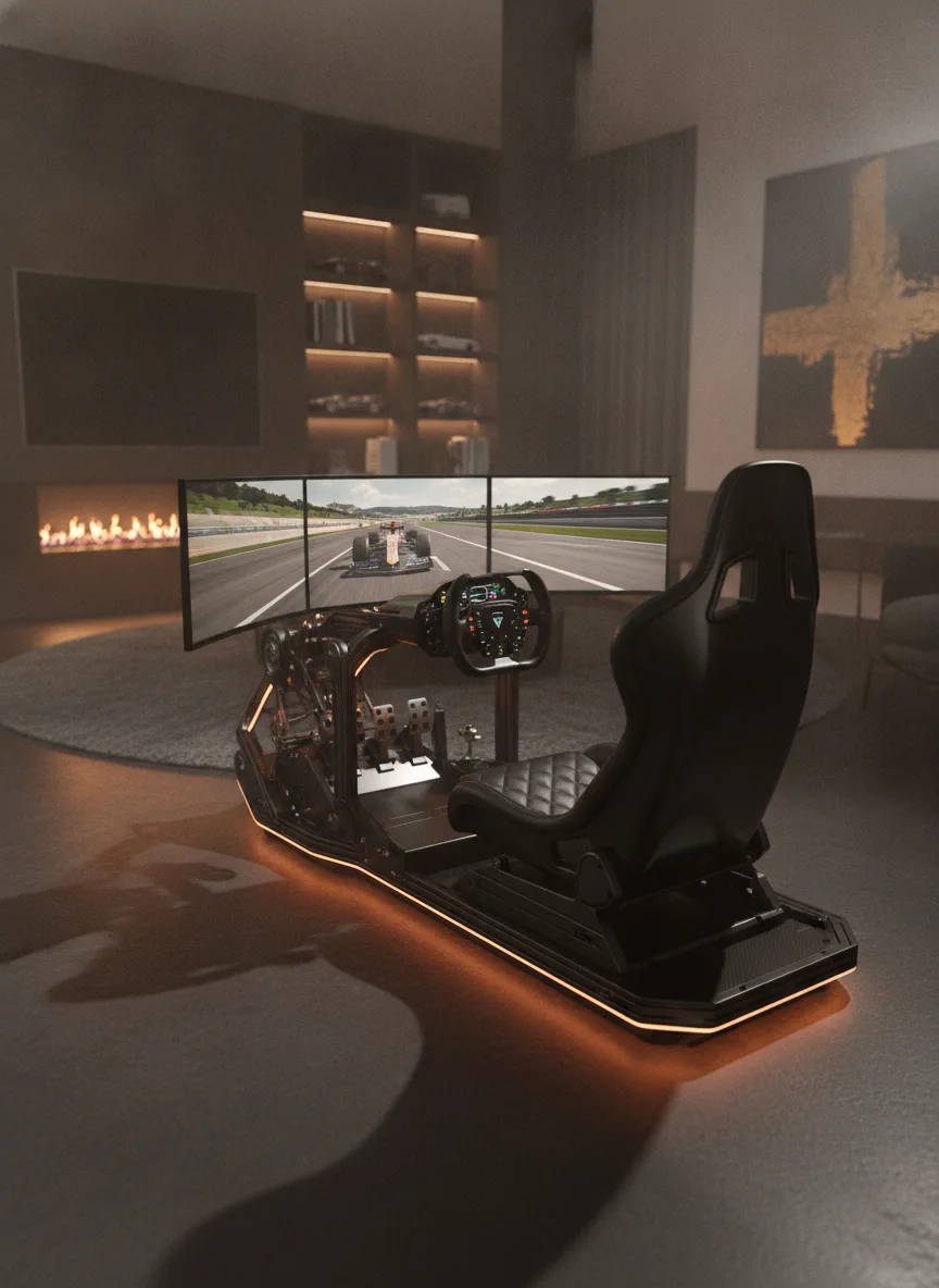 Full racing cockpit installed in a luxury home setting