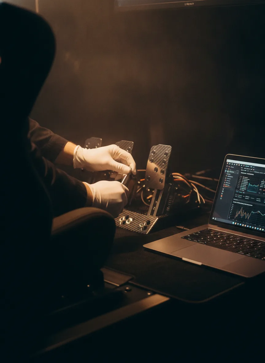 Technician calibrating the racing simulator pedals