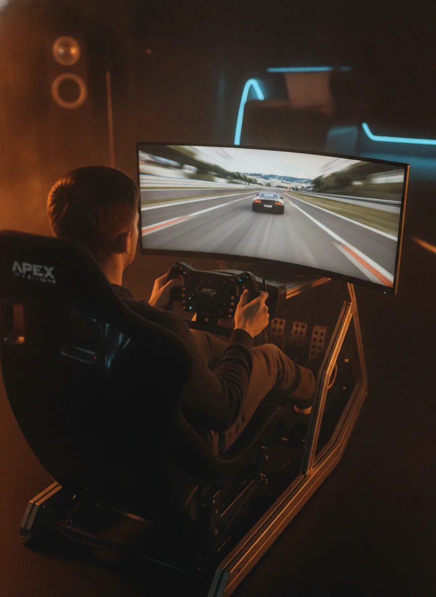 Driver immersed in a racing game on the simulator